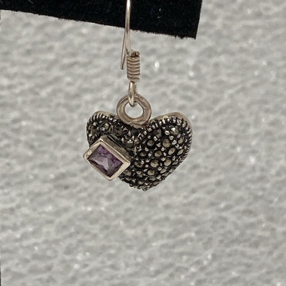 NWOT - Sterling Silver Marcasite Heart & Amethyst Gem Drop French Hook Earrings* - Picture 6 of 8